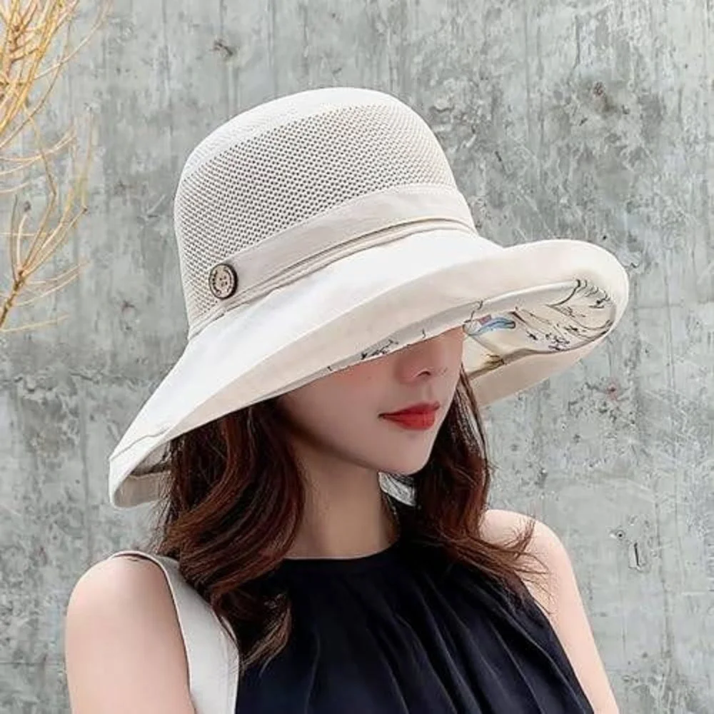 Womens‎ Wide Brim Sun Hat Mesh Breathable Floral Foldable Beach Straw Hat Beige